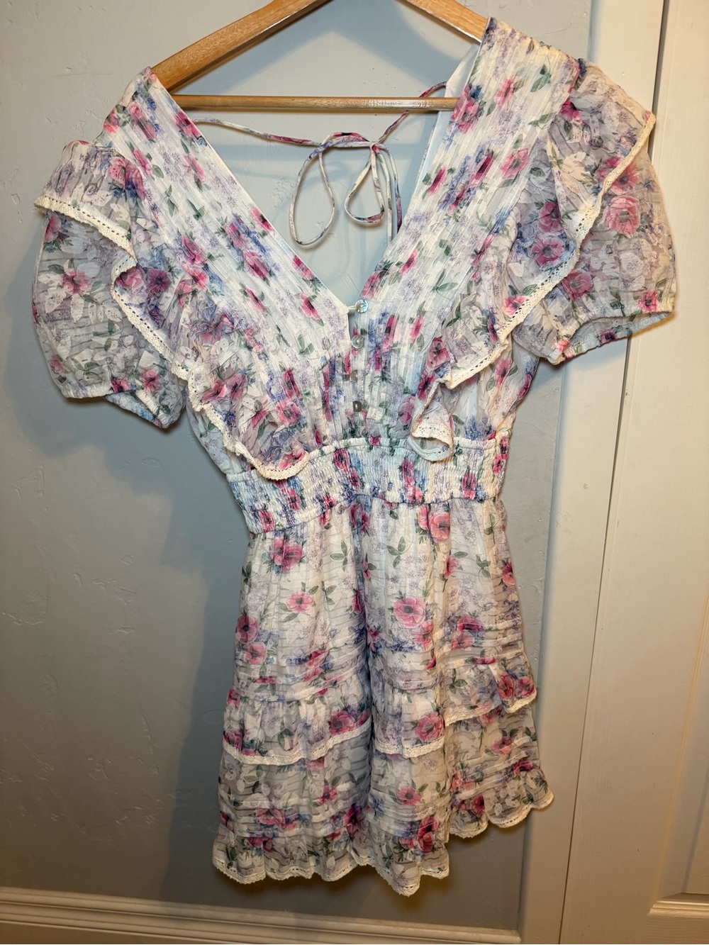 Floral Ruffled Smocked Waist Dress - Pink & Purple Floral - Picture 4 of 8